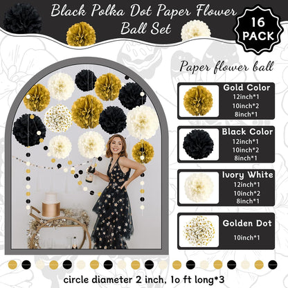 Black and Gold Party Decorations, 16 PCS Tissue Paper Pom Poms Dots Paper Garland Kit for New Year Party, Graduation, Wedding, Birthday, Engagement, Baby Shower, Retirement Party Decor