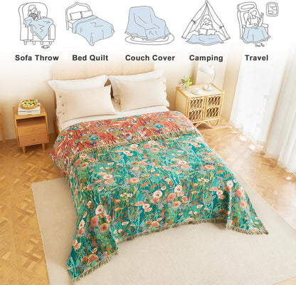 MSGKV Boho Throw Blanket for Bed Twin Size Cotton Muslin Breathable Floral Blanket 60"x80" Sofa Couch Blankets for All Seasons Lightweight Farmhouse Blankets Boho Home Decor