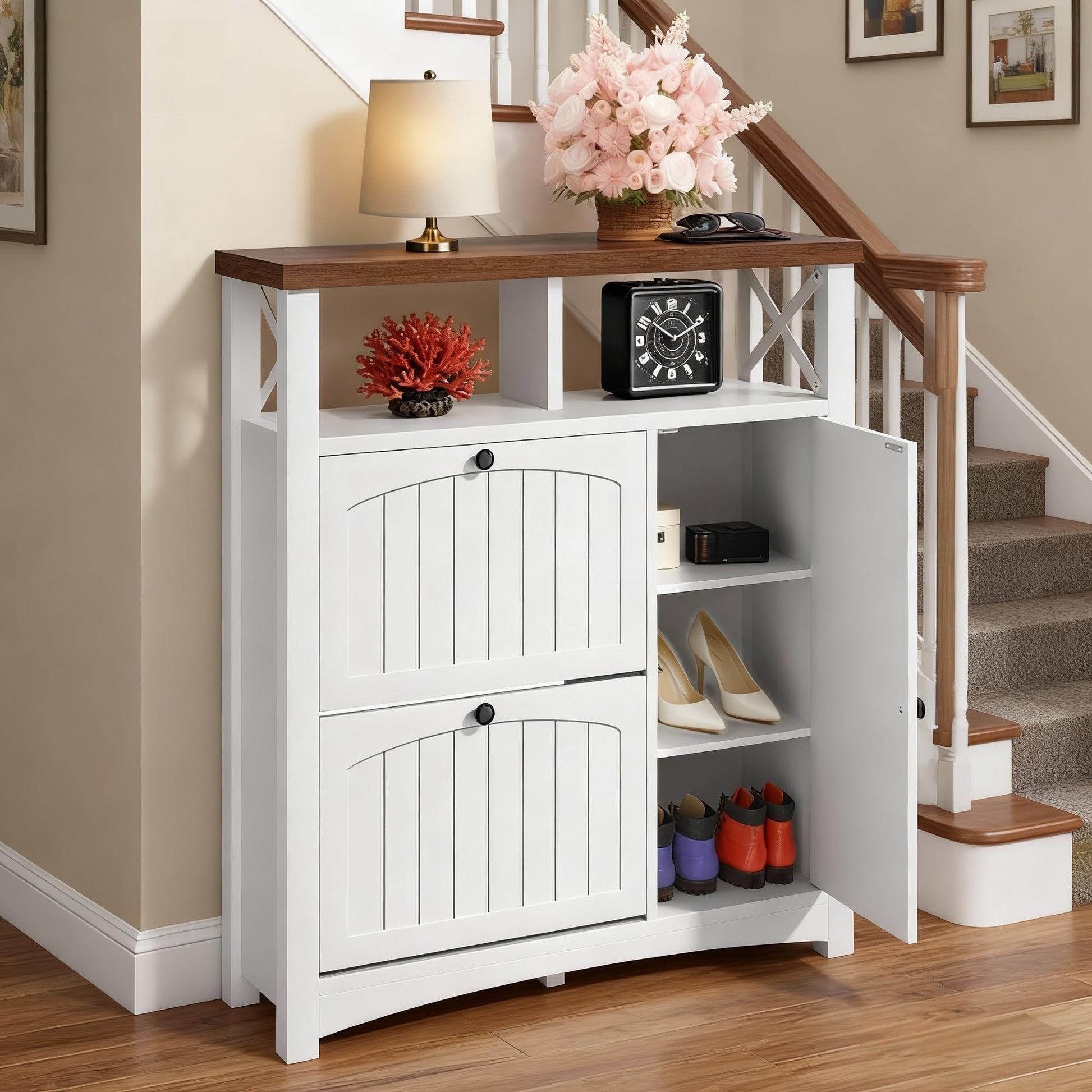 YITAHOME Farmhouse Shoe Cabinet with 2 Flip Drawers, Wood Shoe Rack w/Adjustable Shelves and Open
