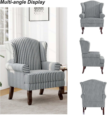Accent Chair, High Back Upholstered Armchair with High Resilience Sponge & Wood Legs, Mid-Century Modern Comfy Single Sofa Reading Chairs for Living Room, Bedroom (Stripe Grey, Set of 2)