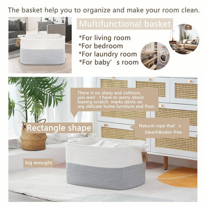 COMFY-HOMI Large Rectangle Laundry Storage Basket | Cotton Rope Woven, Organizing with Handle | Dirty Cloth & Baby Shower Basket | 22x15x12' - White/Grey