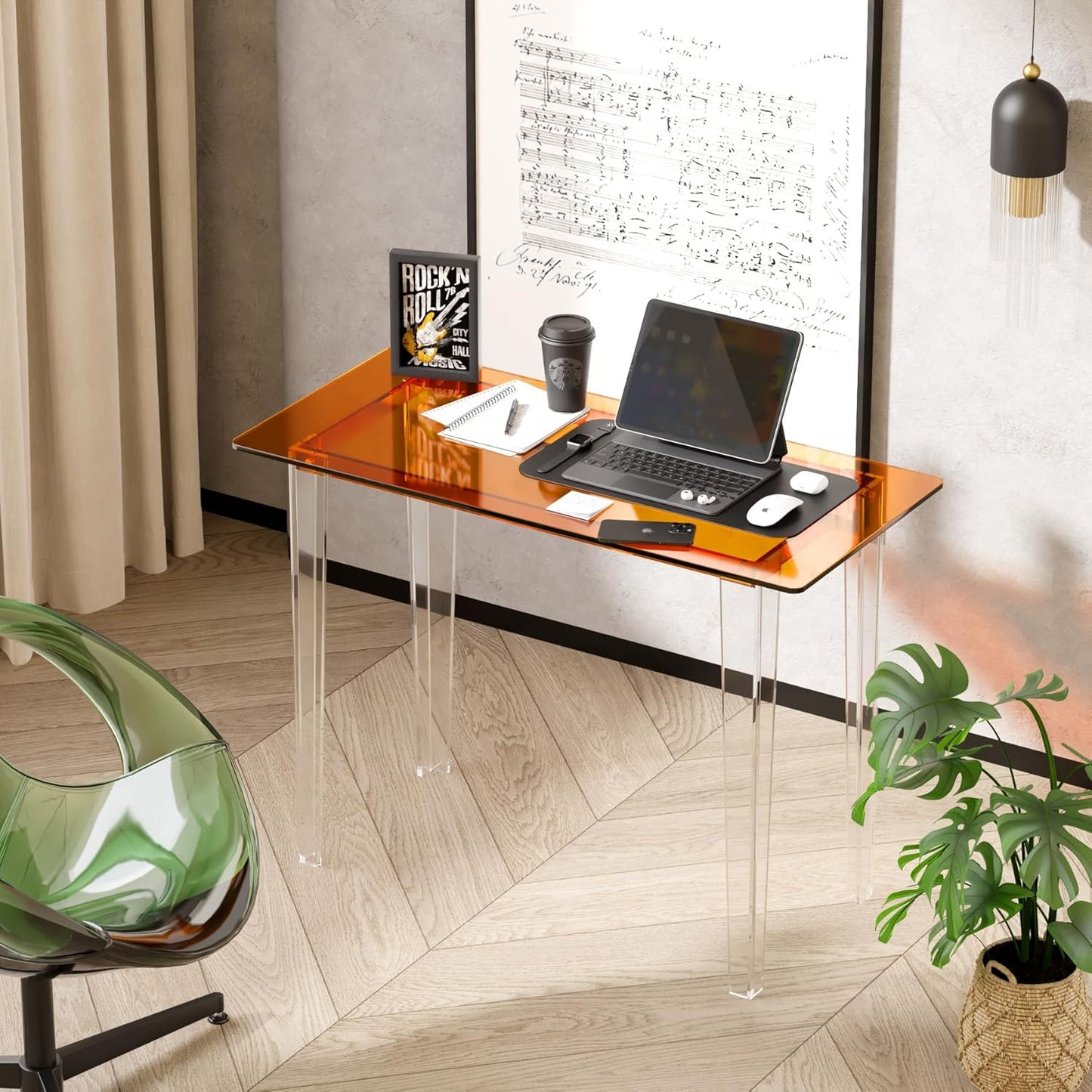 Acrylic Desk, Modern Study Table for Home Office - Extended Surface Multi-Purpose Console & Entryway Table, Sturdy Lightweight Design (42.5-inch, Orange)