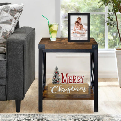 End Table Large Side Table for Living Room, Rustic Farmhouse End Tables with 2-Tier Storage, Square Nightstand Bedside Table X-Design Metal Frame, Brown (Wind, Brown)