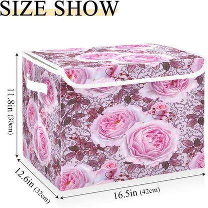 susiyo Beautiful Delicate Pink Roses fabric storage baskets with lids,Collapsible Storage Boxes,Foldable storage boxes with handles for Home,Office,Closet Organization