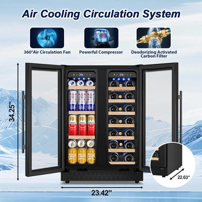 Wine and Beverage Refrigerator with Glass Door, 24-Inch Dual Zone Wine Fridge Under-Counter,4.6 Cu.Ft. 65 Cans and 20 Bottles Wine Cooler,Built-in or Freestanding Wine and Drink Fridge with Blue Light