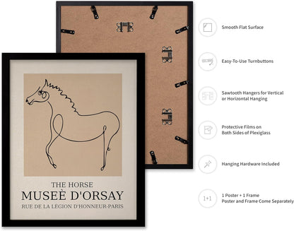 Poster Master Vintage Poster - Retro Minimalist Print - Gift for Artist, Friend - Horse, Line Drawing, Sketch, Abstract - Wall Decor for Living Room, Bedroom, 8x10 Black Framed