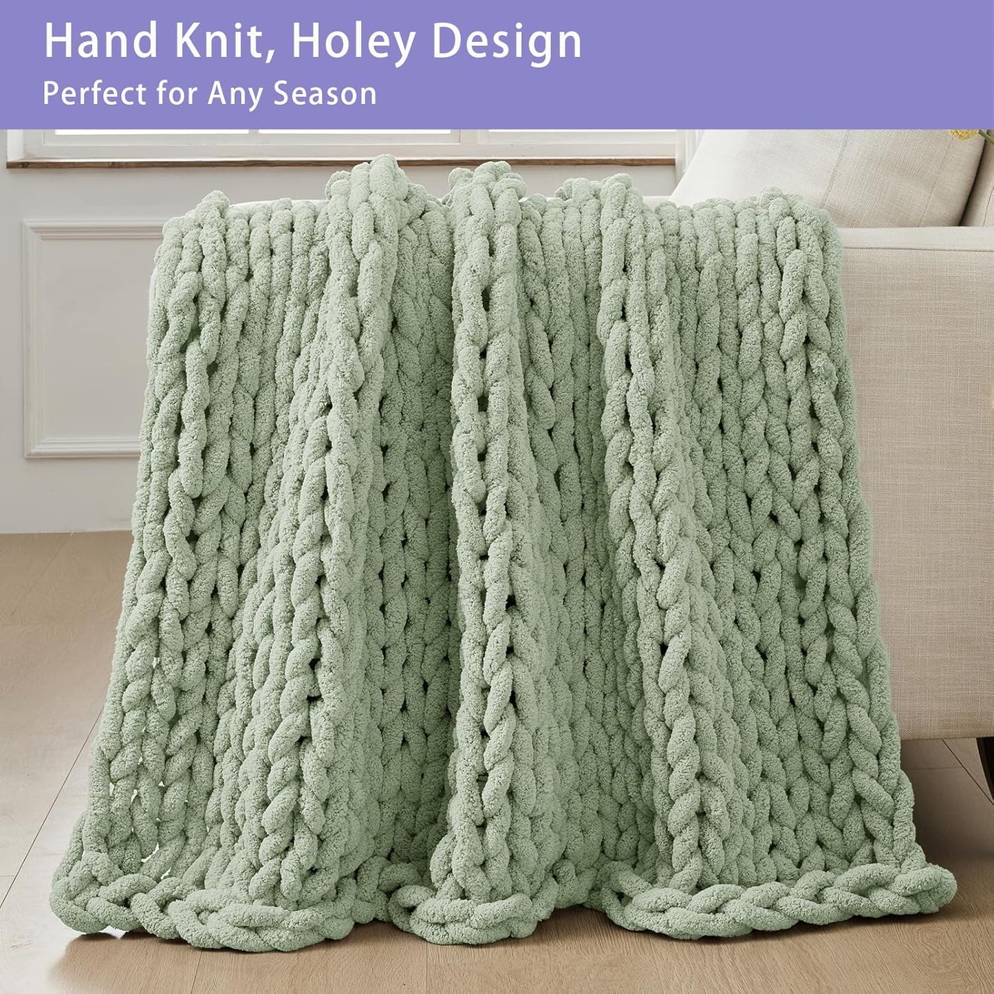 Bigacogo Chunky Knit Throw Blanket for Couch, 51x63 inches, 100% Hand Knitted with Thick Jumbo Chenille Yarn, Cozy Soft Large Rope Knot Cable Crochet Blankets for Sofa Bed Living Room, Sage Green