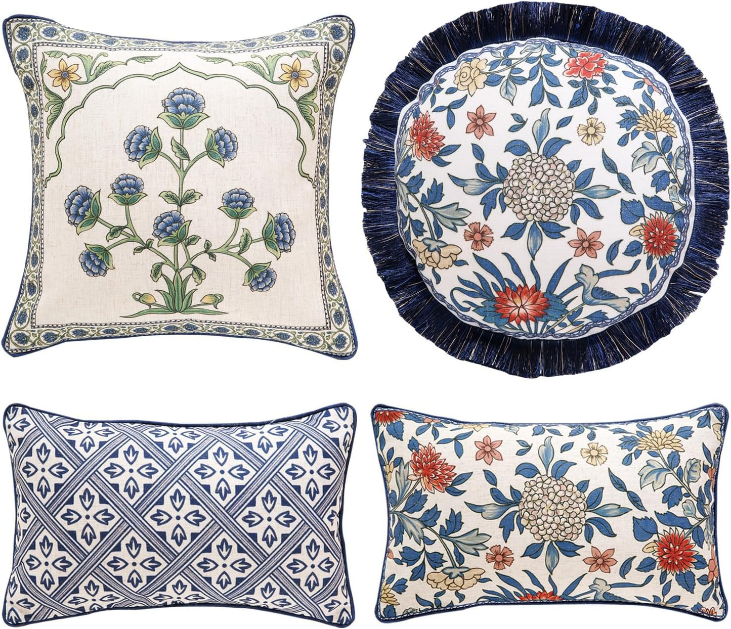 patdrea Designer Floral Linen Throw Pillow Covers,Blue French Cottage Flower Pattern Decorative Pillowcases Cushion for Bed Living Room Outdoor Car,Pack of 4
