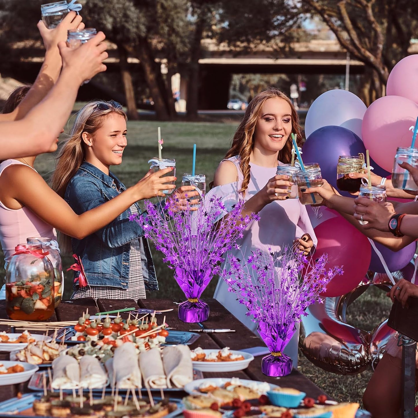 Crowye 18 Pieces Metallic Foil Spray Centerpiece Party Star Table Decoration Burst Metallic Table Centerpieces for Birthday Party Season Holiday(Purple)