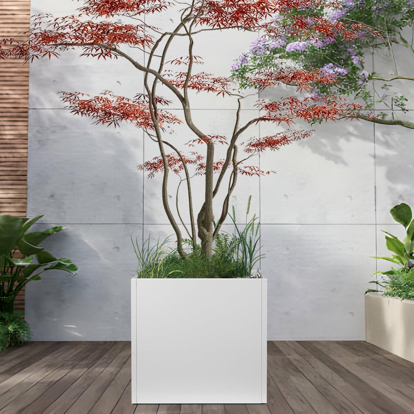 White Steel Planter Square Outdoor Planters Galvanized Steel Planter Box Indoor Metal Large Planters Cube Heavy Duty Flower Pot 26 Inch Modern Commercial Residential for Trees Patio Deck Yard Garden
