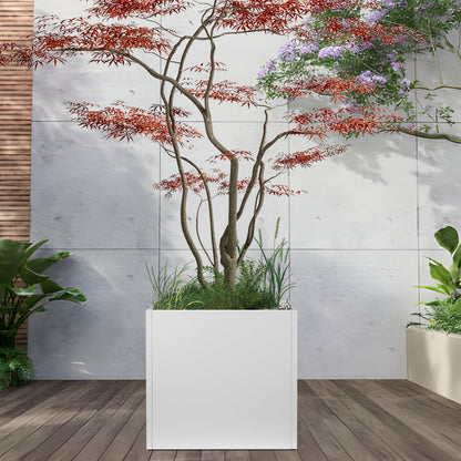 White Steel Planter Square Outdoor Planters Galvanized Steel Planter Box Indoor Metal Large Planters Cube Heavy Duty Flower Pot 26 Inch Modern Commercial Residential for Trees Patio Deck Yard Garden