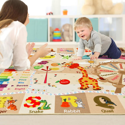 Kids Rugs for Playroom Washable, Educational and Fun Learning Rugs with ABC Alphabet Animals Shapes, Baby Toddler Children's Play Mat for Bedroom Classroom Nursery, 3x5 Feet, Beige and Pink