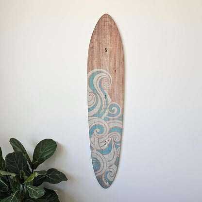 Wooden Surfboard Wall Decor Growth Chart - Surf Board Decor for Kids Room, Wooden Growth Chart for Wall, Surfboard Wall Art, Surfboards for Decoration - Teal Wave (9.5"x 45")