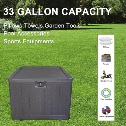 33 Gallon Small Storage Box with Lid,Waterproof Indoor Outdoor Storage Container for Package Delivery,Patio Cushions, Gardening Tools, Pool Accessories, Lockable Resin Deck Box with handle