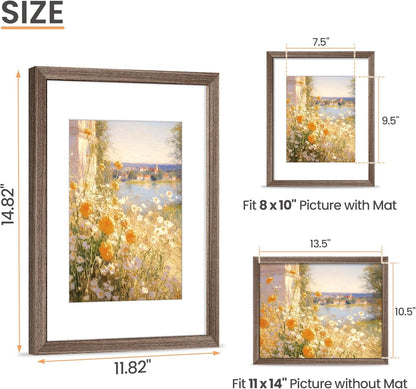 upsimples 11x14 Picture Frame, Natural Solid Wooden Picture Frames, Display 8x10 with Mat or 11 x 14 Without, Vertical or Horizontal Wall Hanging, 1 Pack, Brown
