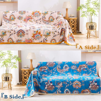 Boho Throw Blanket for Bed, 100% Cotton Soft Rustic Quilt Fall Blanket, 80"x90" Floral Printed Farmhouse Decor Bed Blankets, All Season Rustic Reversible Bohemian Throw Quilt