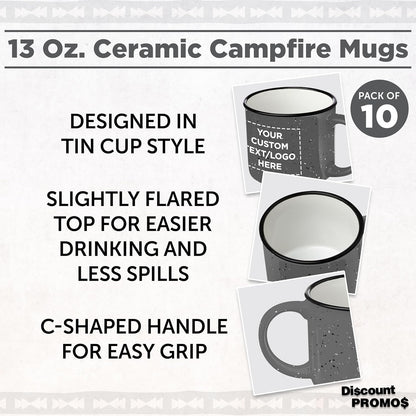 DISCOUNT PROMOS Custom Ceramic Campfire Coffee Mugs 13 oz. Set of 10, Personalized Bulk Pack - Perfect for Tea, Espresso, Cappuccino, Hot Cocoa - Grey
