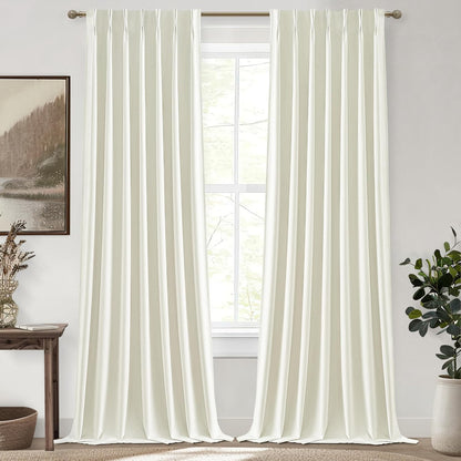 Ivory White Pinch Pleated Complete Blackout Curtains & Drapes 84 Inch Length 2 Panels Set, Flax Linen Room Darkening Soundproof Window Curtains with Hooks Rings for Bedroom Living Room Track System