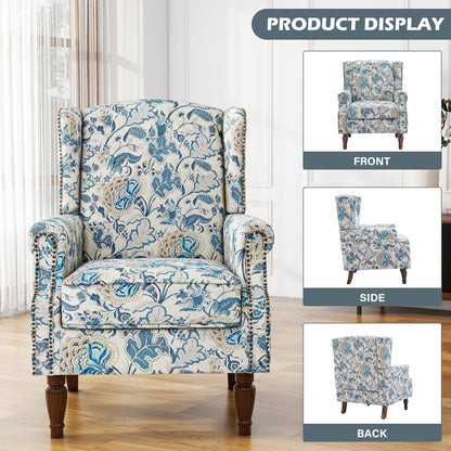 UIXE High Back Floral Accent Chair, Fabric Upholstered Armchair for Living Room, Retro Printed Wingback Arm Chair Nailhead Trim Single Sofa Bedroom Reading Seat - Boho Blue
