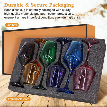 Colored Wine Glasses Set of 6-14oz Colorful Long Stem Wine Glass, Multi Color Pretty Crystal Glassware, Hand Blown Goblets Drinkware, Unique Stemware Wine Glass Holiday Gift Set