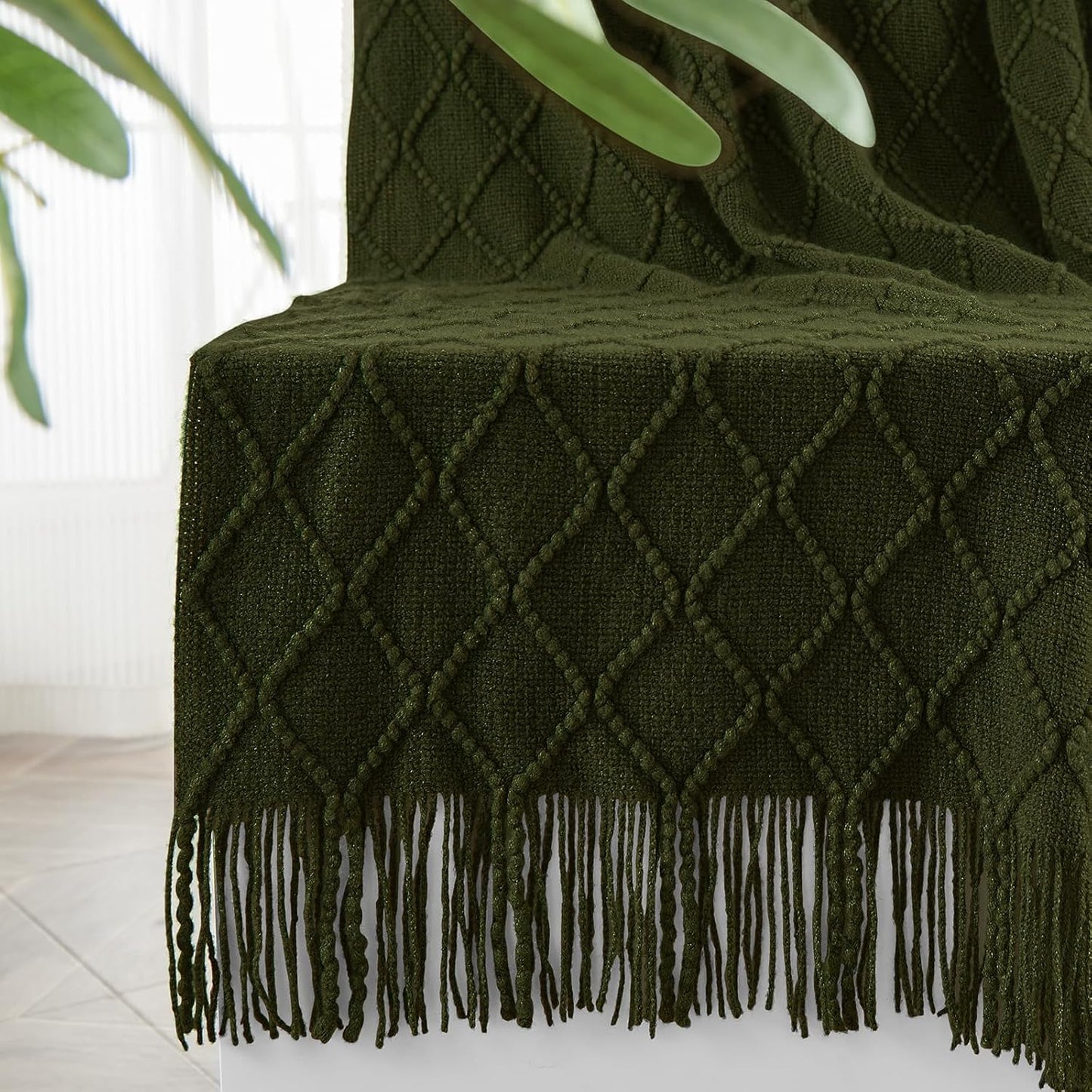 inhand Knitted Throw Blankets for Couch and Bed, Soft Cozy Knit Blanket with Tassel, Dark Green Lightweight Decorative Blankets and Throws, Farmhouse Warm Woven Blanket for Men and Women, 60"x80"