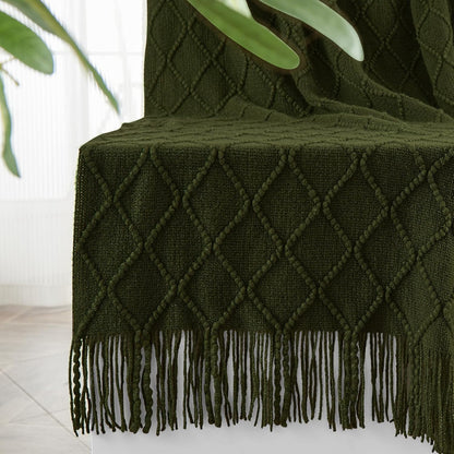 inhand Knitted Throw Blankets for Couch and Bed, Soft Cozy Knit Blanket with Tassel, Dark Green Lightweight Decorative Blankets and Throws, Farmhouse Warm Woven Blanket for Men and Women, 60"x80"