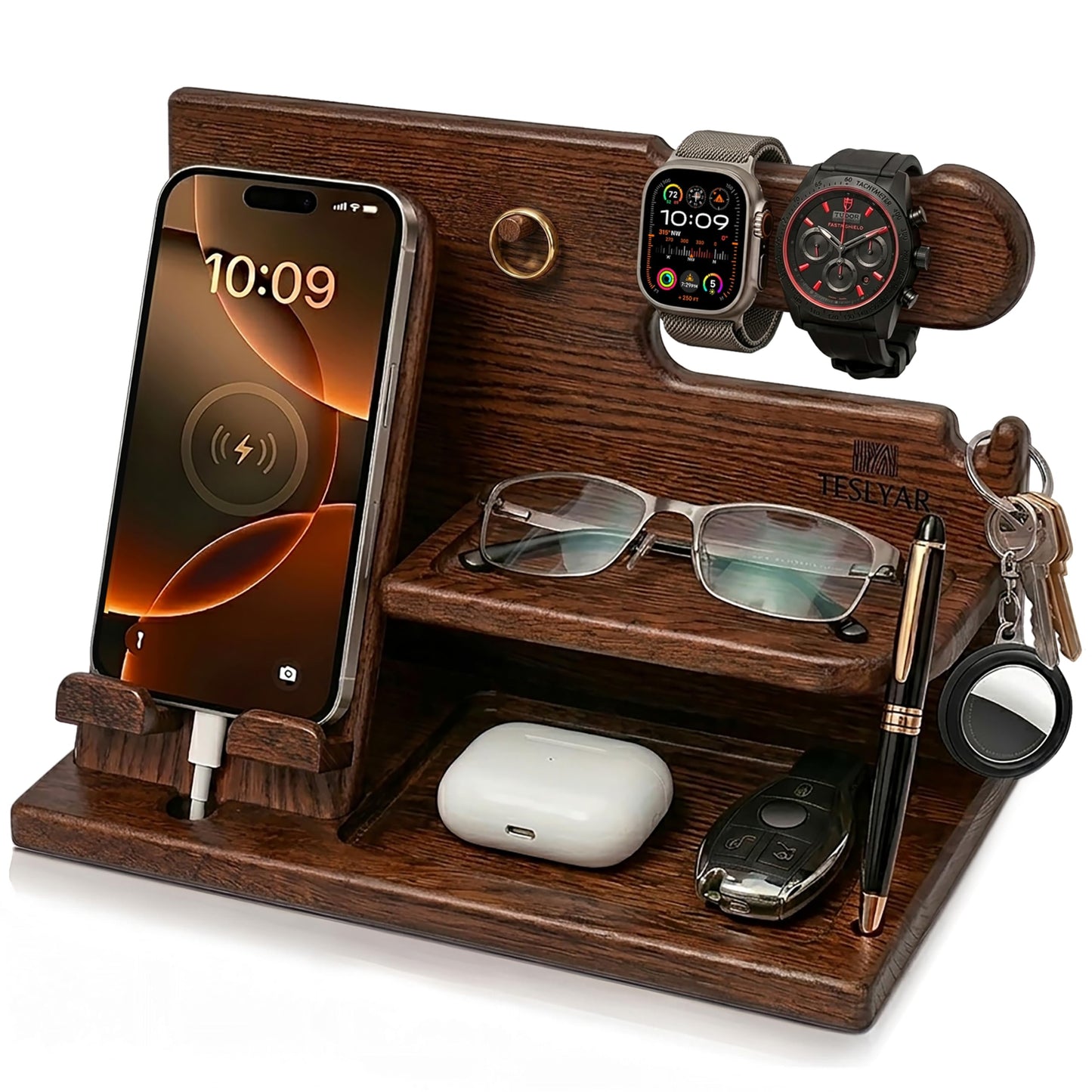TESLYAR Wood Phone Docking Station for Men - Desk or Nightstand Organizer - Birthday Gifts for
