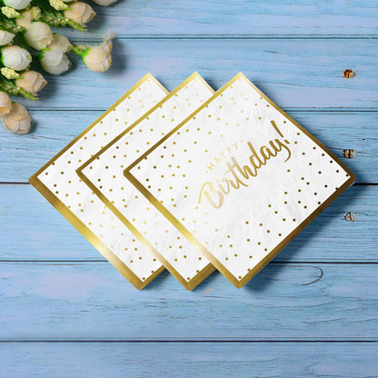Gatherfun Birthday Party Supplies Napkins Disposable Paper Napkins with Gold Stamping for Adults and Kids Birthday Party（6.5X6.5 in, 3-Ply, 50-Pack)