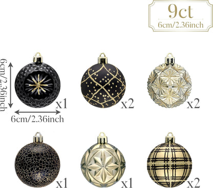 Valery Madelyn Ornaments for Christmas Trees, 9ct 2.36 Inches Black and Gold Shatterproof Christmas Tree Decorations, Luxury Hanging Ball Ornaments for Xmas Holiday Party Decor