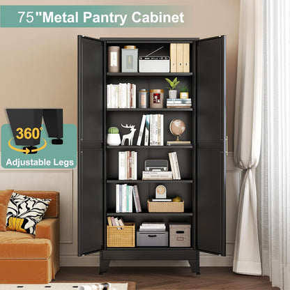 Metal Pantry Cabinet with 2 Doors and 5 Adjustable Shelves, 75" Kitchen Storage cabinets with Gold Handles, Versatile Storage for Laundry Room, Living Room, Bathroom, Dinning Room, Utility Room-Black