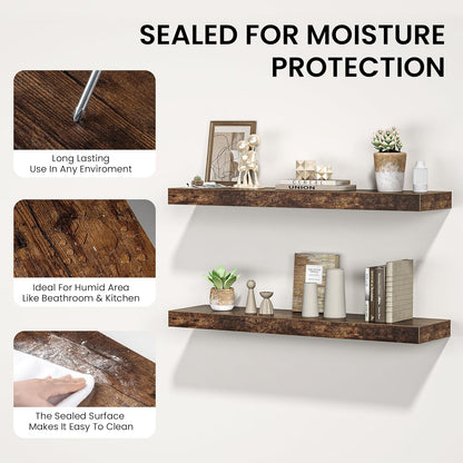 Floating Shelves for Wall, 72" W x 9.3" D x 1.5" H, Long Wooden Wall Mounted Display Shelf with Invisible Brackets for Living Room, Bedroom, Bathroom, Kitchen & Storage, Set of 1, Rustic Brown