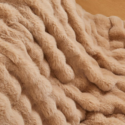 Lotus Karen Faux Fur Throw Blanket Khaki - Big Bubble Rabbit Fluff Blanket for Couch, Small Fluffy Fuzzy Cozy Blanket, Thick Furry Plush Shaggy Blankets, 50x60 Inches