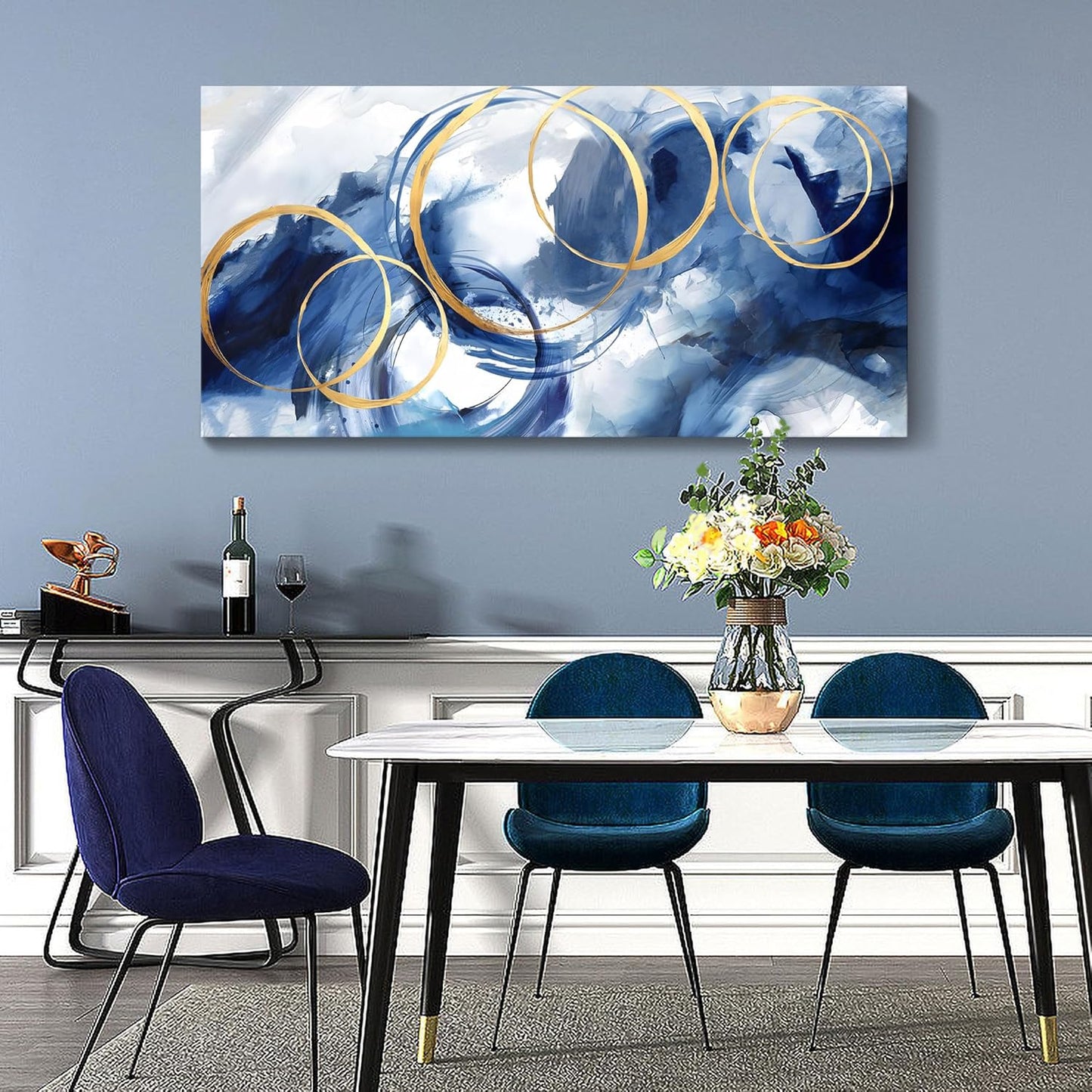 AJAZIKO Large Art For Wall Abstract Wall Decor Blue Modern Art Wall Decor Artwork For Walls Living Room Office Pictures For Wall Navy Gold Contempor Decorations For Bedroom Size 29x58