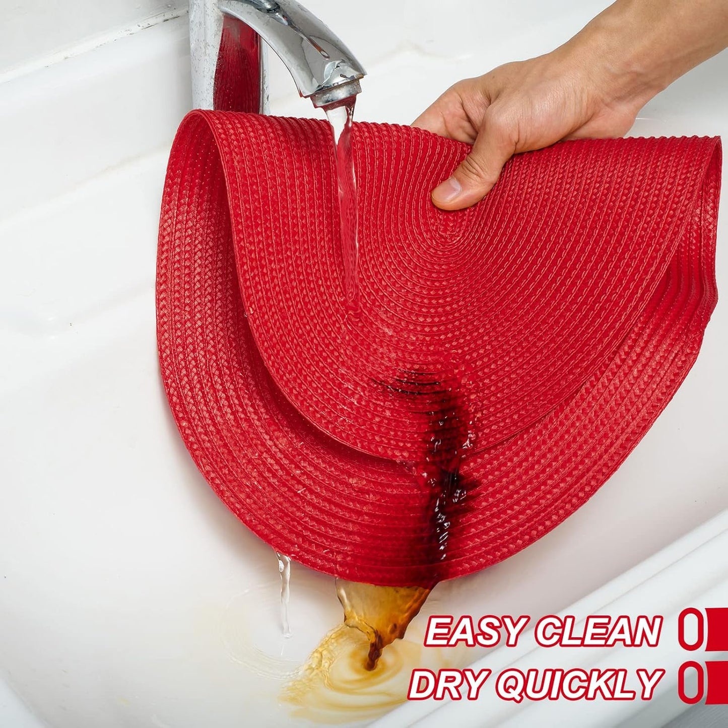 AHHFSMEI Placemats Set of 4 for Dining Table Washable Woven Vinyl Non-Slip 18x12 inches Placemat Heat-Resistant Durable Table Mats for Dining Table Easy to Clean (Oval red, 4)