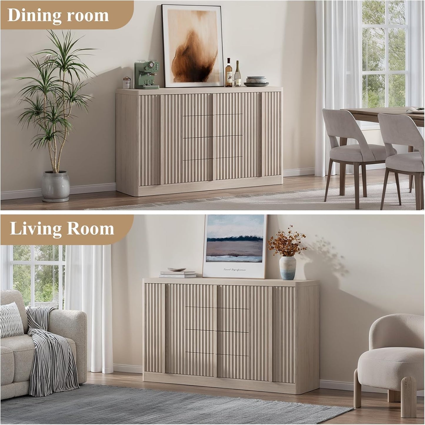 Buffet Cabinet with Storage, 120"Fluted Coffee Bar with 8 Drawers & 4 Doors, Modern Sideboard Buffet with Solid Wood Handle, Credenza Storage Cabinet for Kitchen Living Dining Room, Natural Oak(2PCS)