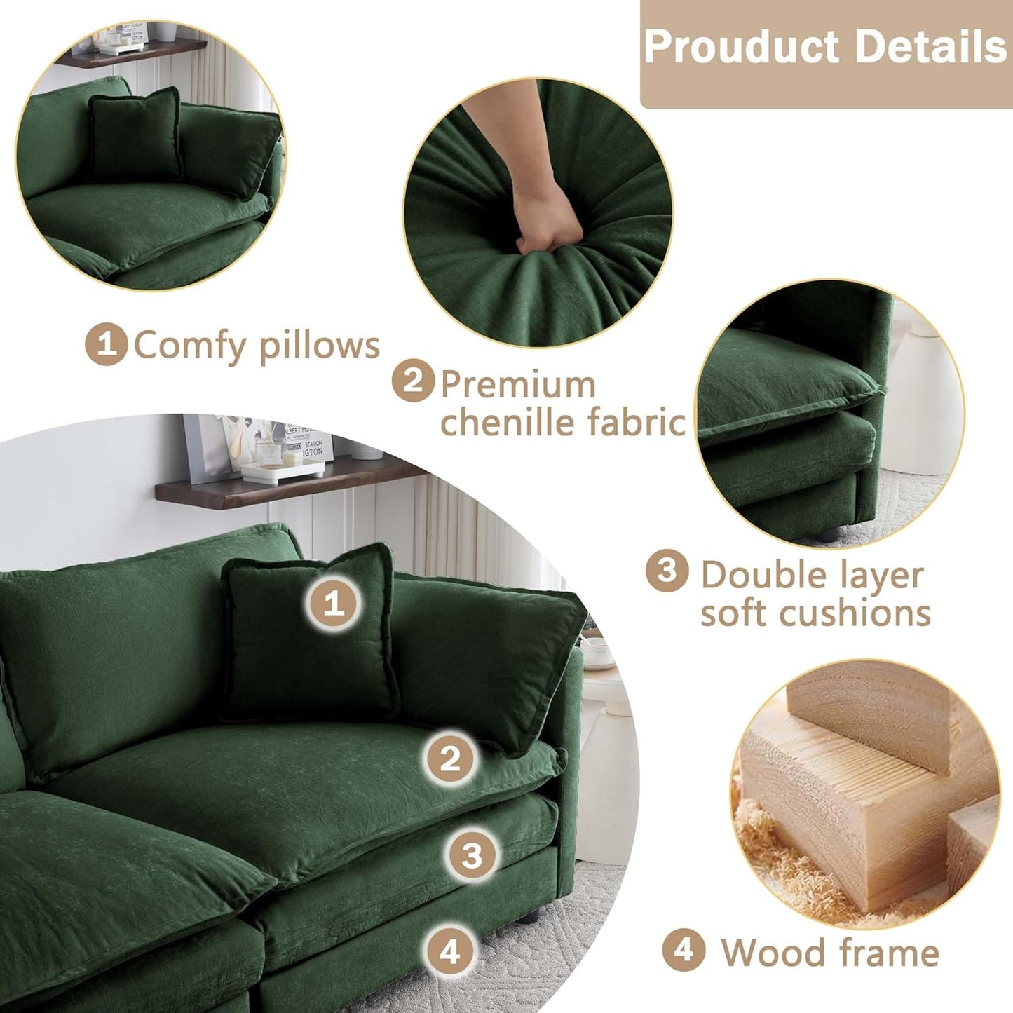 Sectional Sofa 3 Seater with Movable 1 Ottoman,Oversized Modular Couch Deep Seat (Green, 111.5 inch-L)