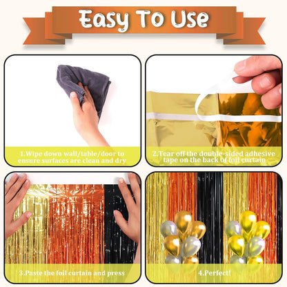 3 Pack 3.3 x 8.2 ft Black Gold Orange Foil Fringe Backdrop Curtains, Tinsel Streamers Party Decorations, Fringe Backdrop, Door Shimmer for Construction or Birthday Party