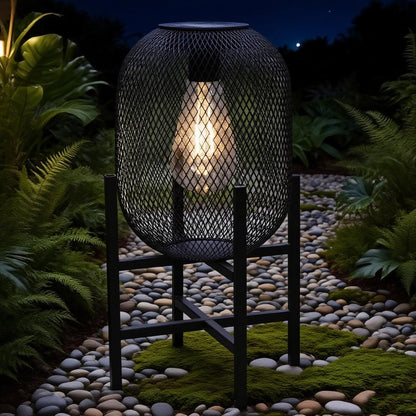 Solar Mesh Lantern Outdoor – 13.8" Tall Black Metal Patio Light with Edison Glass Bulb, Solar Powered Warm Glow LED, Waterproof IP65 for Garden, Porch, Deck, Tabletop Decor