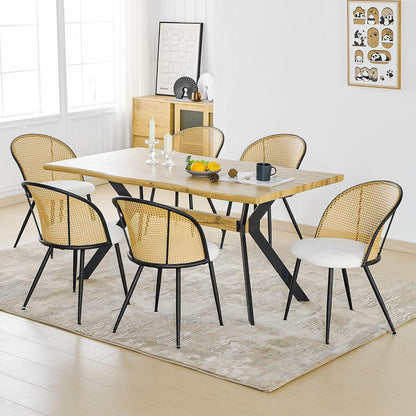 Rattan Dining Chairs Set of 4, Mid-Century Modern Kitchen Dining Room Chairs with Full Cane Backrest Armless Upholstered Farmhouse Boucle Dining Chairs with Metal Leqs for Dining Room, White