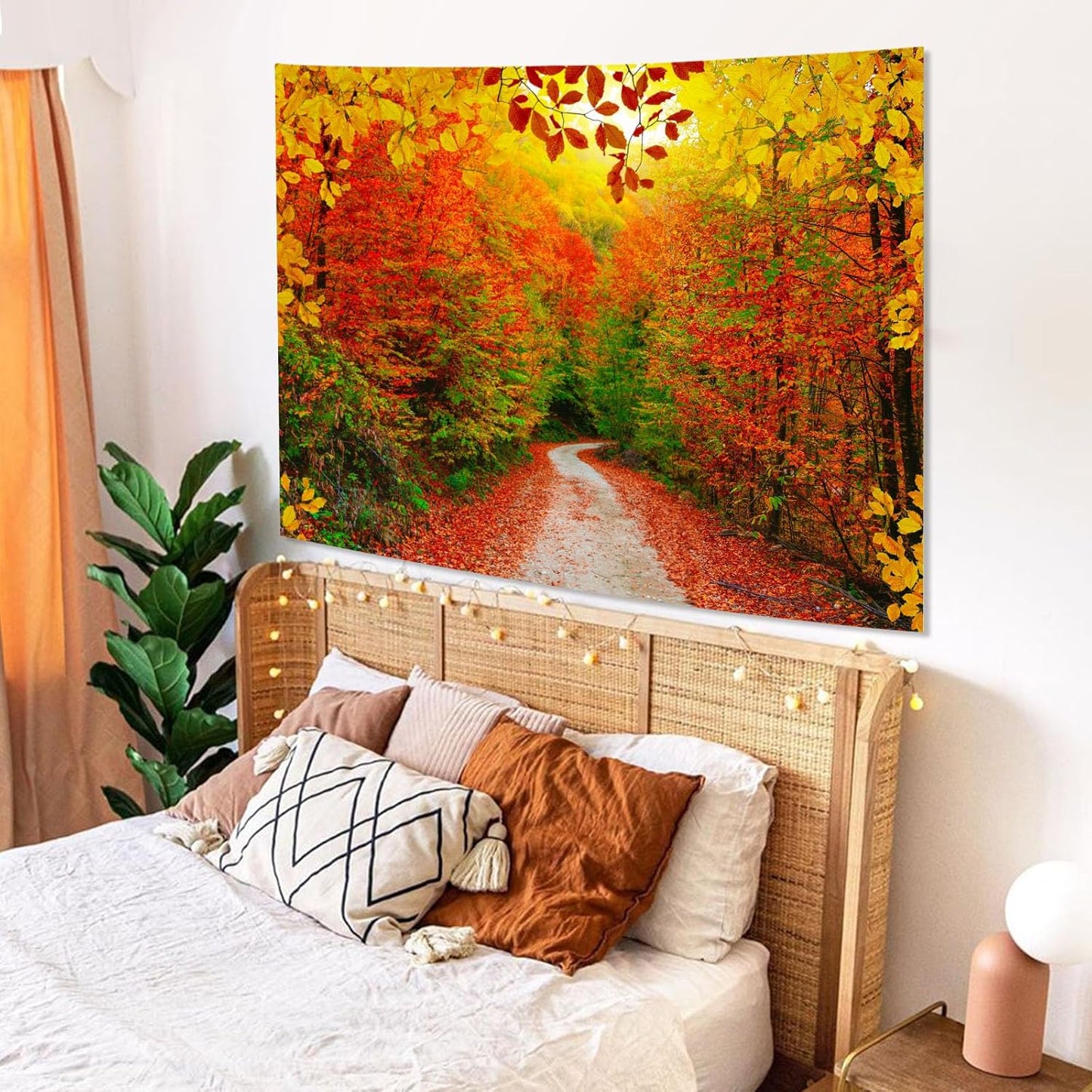AMM Autumn Forest Tapestry Nature Fall Tree Thanksgiving Tapestry for Bedroom Aesthetic Autumn Path Yellow Red Fallen Leaves Landscape Tapestries Wall Hanging for Living Room Dorm 80 x 60 Inch