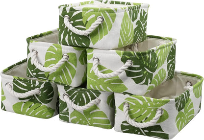 Organization and Storage Basket for Shelves - Small 6 Pack Fabric Storage Bin Collapsible Baskets for Organizing with Handle for Cloth Decorative Laundry Canvas (Banana Leaf 12x8x5.2 inch)