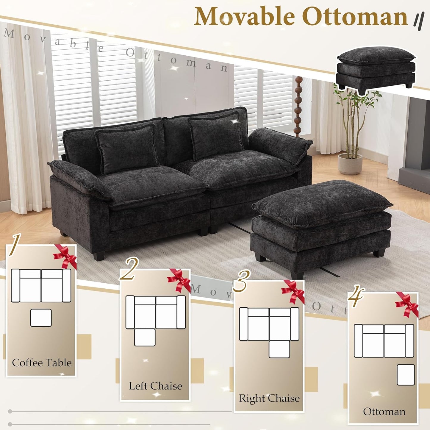 URRED Modular Sectional Sofa Comfy Cloud Couch, Modern Chenille Sofa Sleeper Deep Seat Couches with Ottoman/Pillows for Living Room (Black, 82.6''- L Shape)