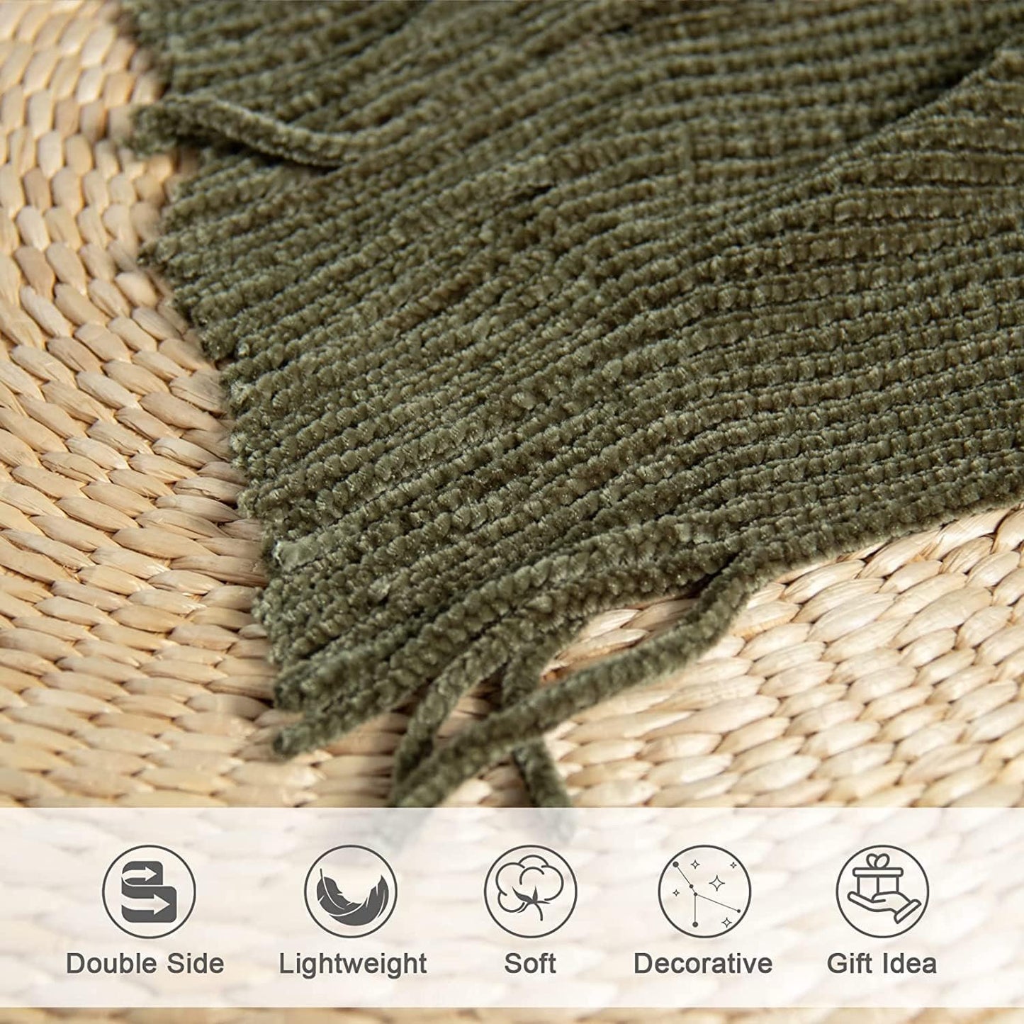 lifein Throw Blanket for Couch, Soft Green Boho Decor Bed Throw,Cozy Knitted Chenille Farmhouse Lightweight Throw for Spring(Olive Green,50 * 60")
