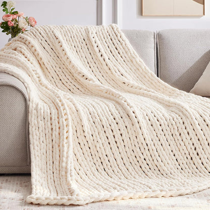 Chunky Knit Throw Blanket, 60''*80'' Knitted Throw Chenille Yarn for Bed Couch, Handmade Cream Crochet Big Thick Blanket, Machine Washable Cute Comfy Blanket for Home Decor