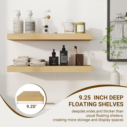24 Inch Floating Shelves, 3D Textured Wood Grain, 24"x9.25"x1.5" Inch Deep Floating Shelves for Wall, Wooden Shelves for Bathroom, Bedroom, Living Room, Natural