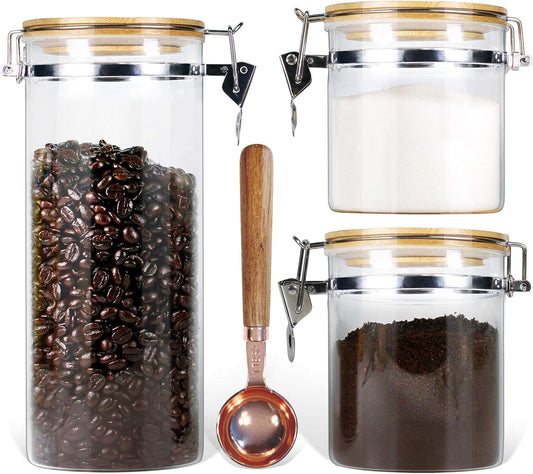 Urban Green Borosilicate Glass Storage Jars with Airtight Locking Clamp Lids, Airtight Canister Set，Coffee Set of 3 with Spoon (50oz, 24oz, 18oz), Storage Containers with Bamboo Lid