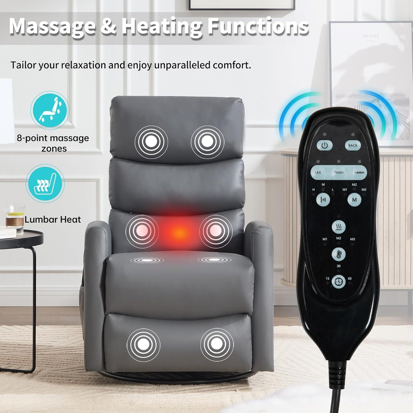 Manual Swivel Rocker Recliner Chair for Adults, Overstuffed Reclining Glider Chair for Nursing with Vibration Massage & Heat, Living Room Rocking Recliner 3-Stage backrest, Faux Leather Gray