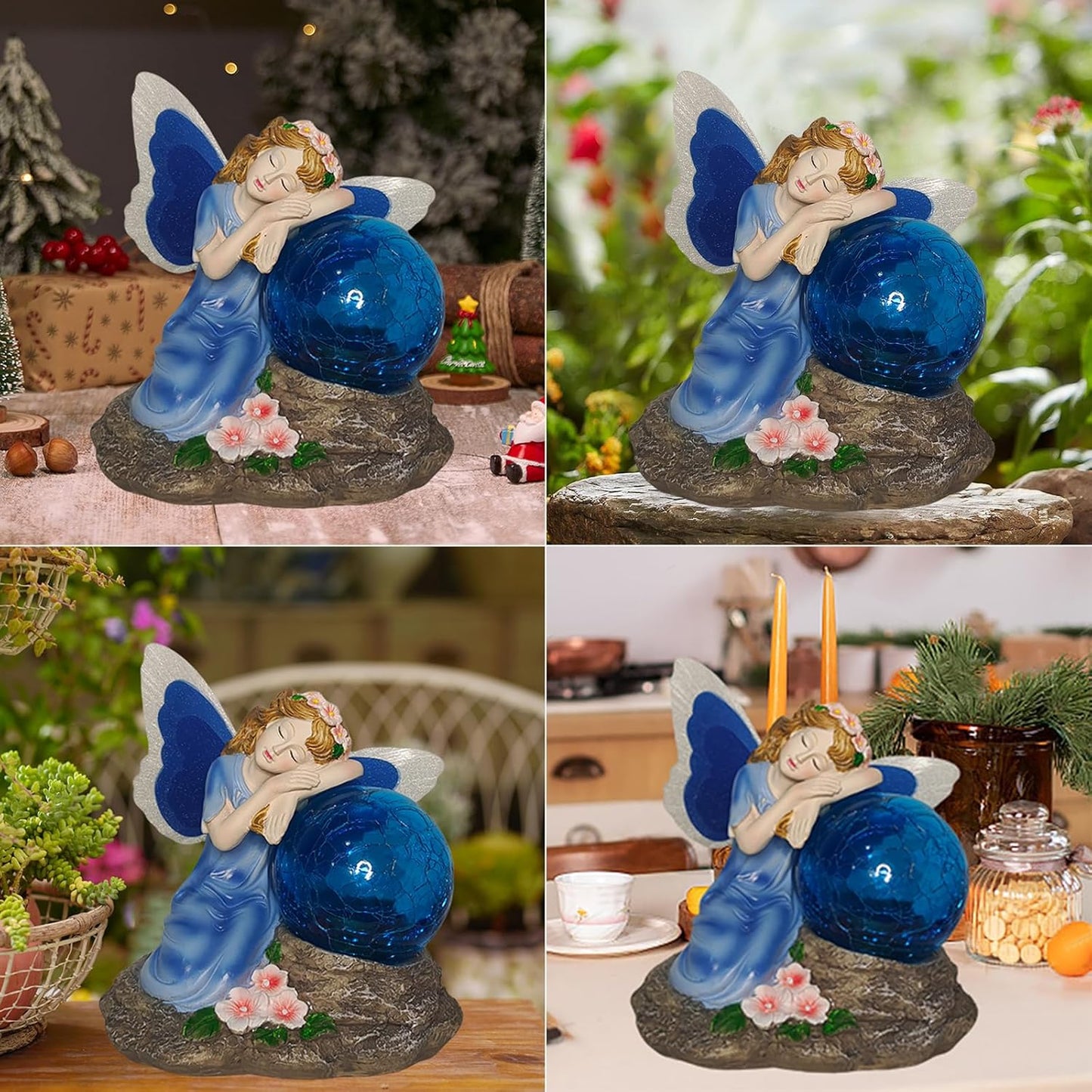 Fairy Garden Statue ，Solar Garden Decor ，Fairy Statue Outdoor with Glass Ball ，Waterproof Outdoor Decor，Suitable for Yard, Lawn ，Ideal for Holiday Giving（Blue）