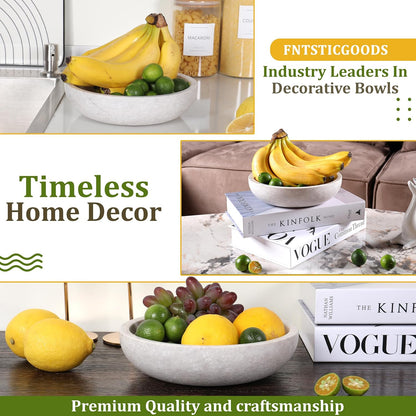 Travertine Decorative Bowl - 7.8” Diameter & 2” Height - Key Bowl for Entryway Table - Organic Modern Centerpiece - White/Gray