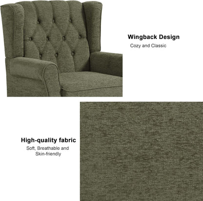 Accent Chair, Upholstered Armchair with Button Tufted High Back & Solid Wood Legs, Comfy Wingback Reading Single Sofa Chair for Small Spaces, Living Room, Bedroom (Green, Set of 1)